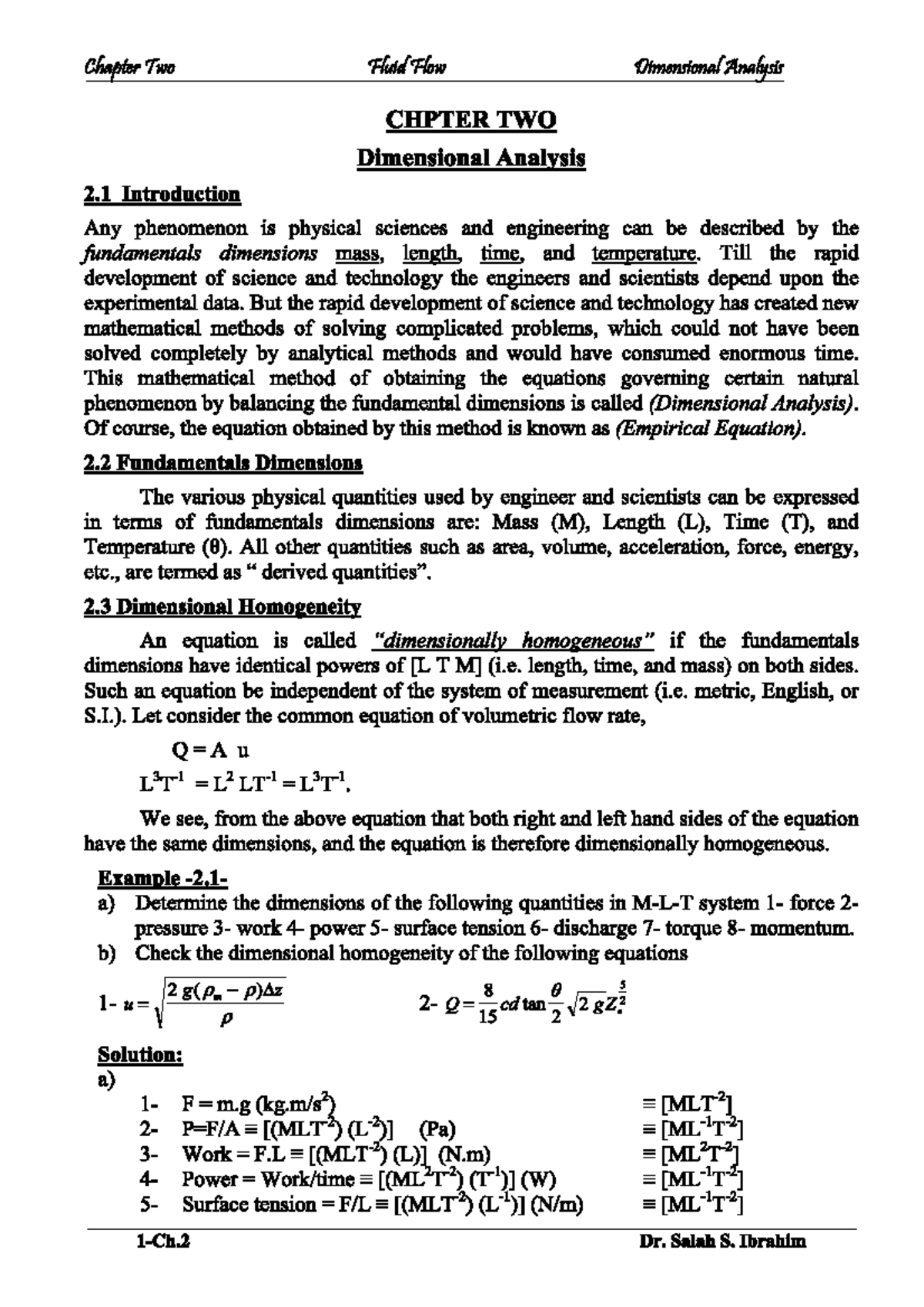 Chapter 2: Fluid Flow Dimensional Analysis (ENG 101) - Studocu