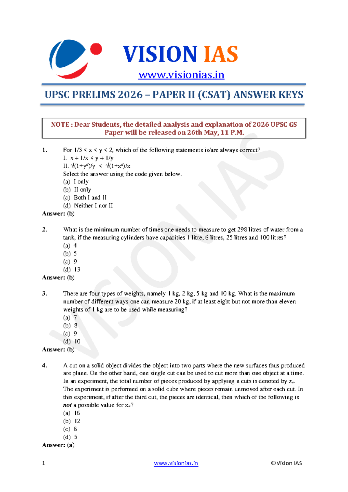 Vision IAS UPSC Prelims 2026 CSAT Paper II Answer Key & Analysis - Studocu