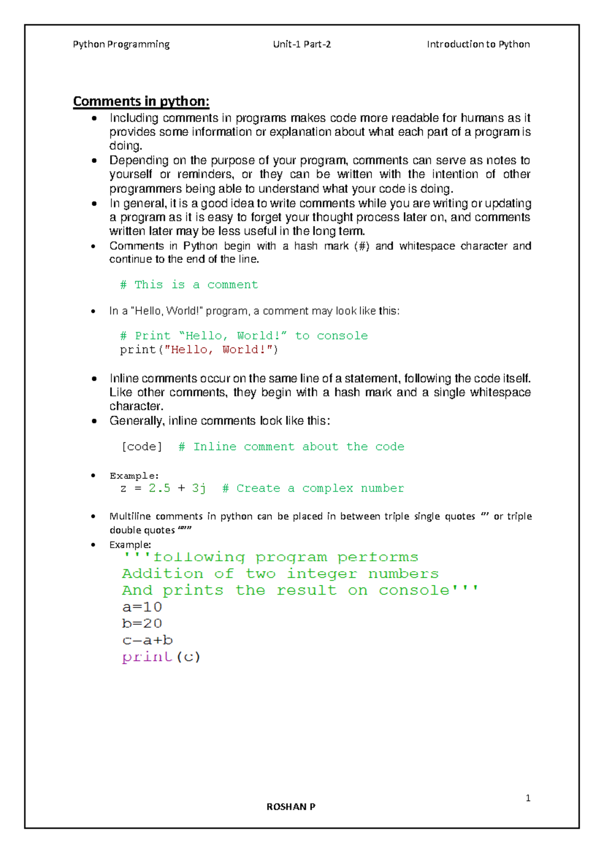 Python Programming UNIT-1 Part II: Comments & Data Types - Studocu