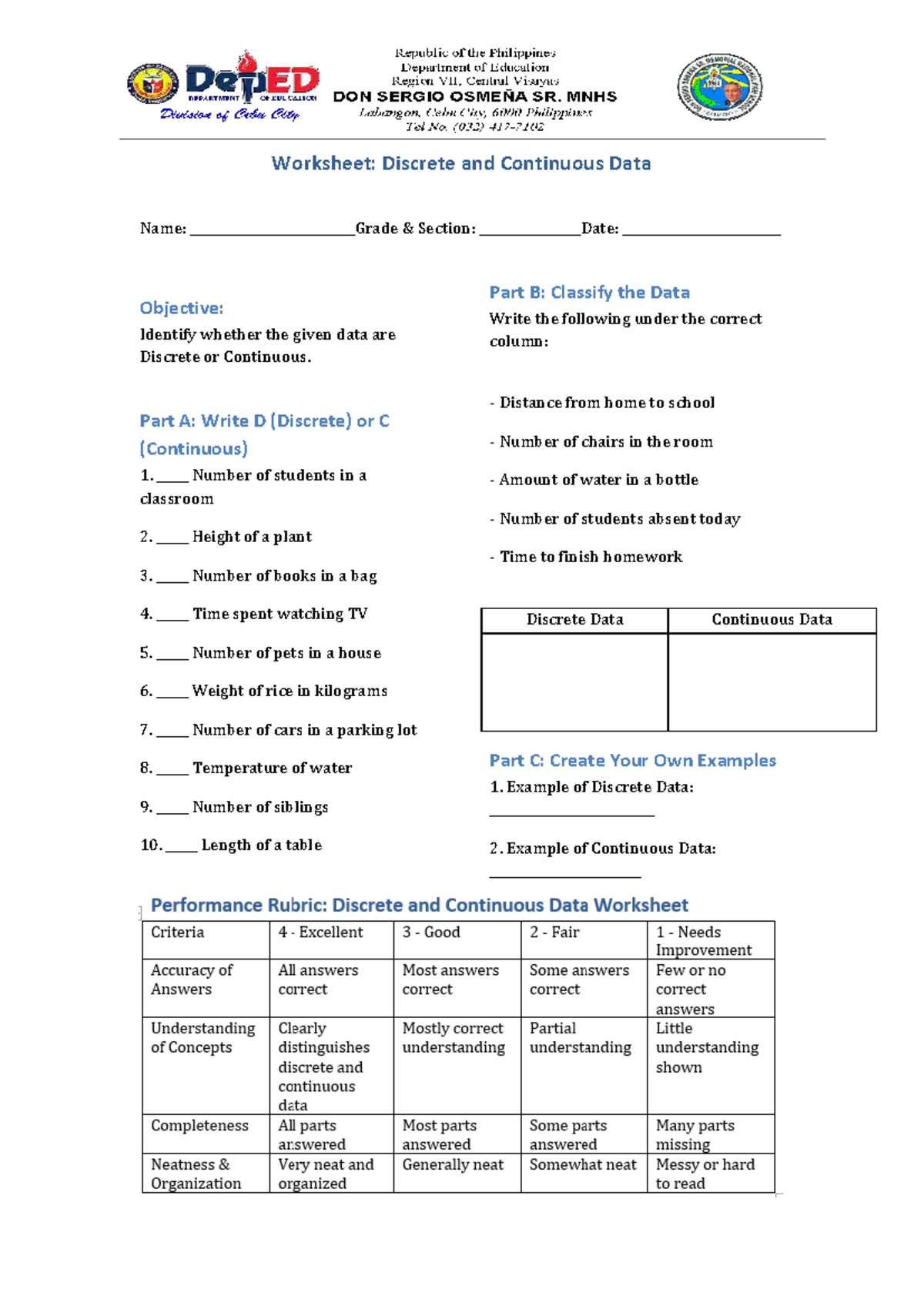 Worksheet: Discrete and Continuous Data Classification (Math 101) - Studocu