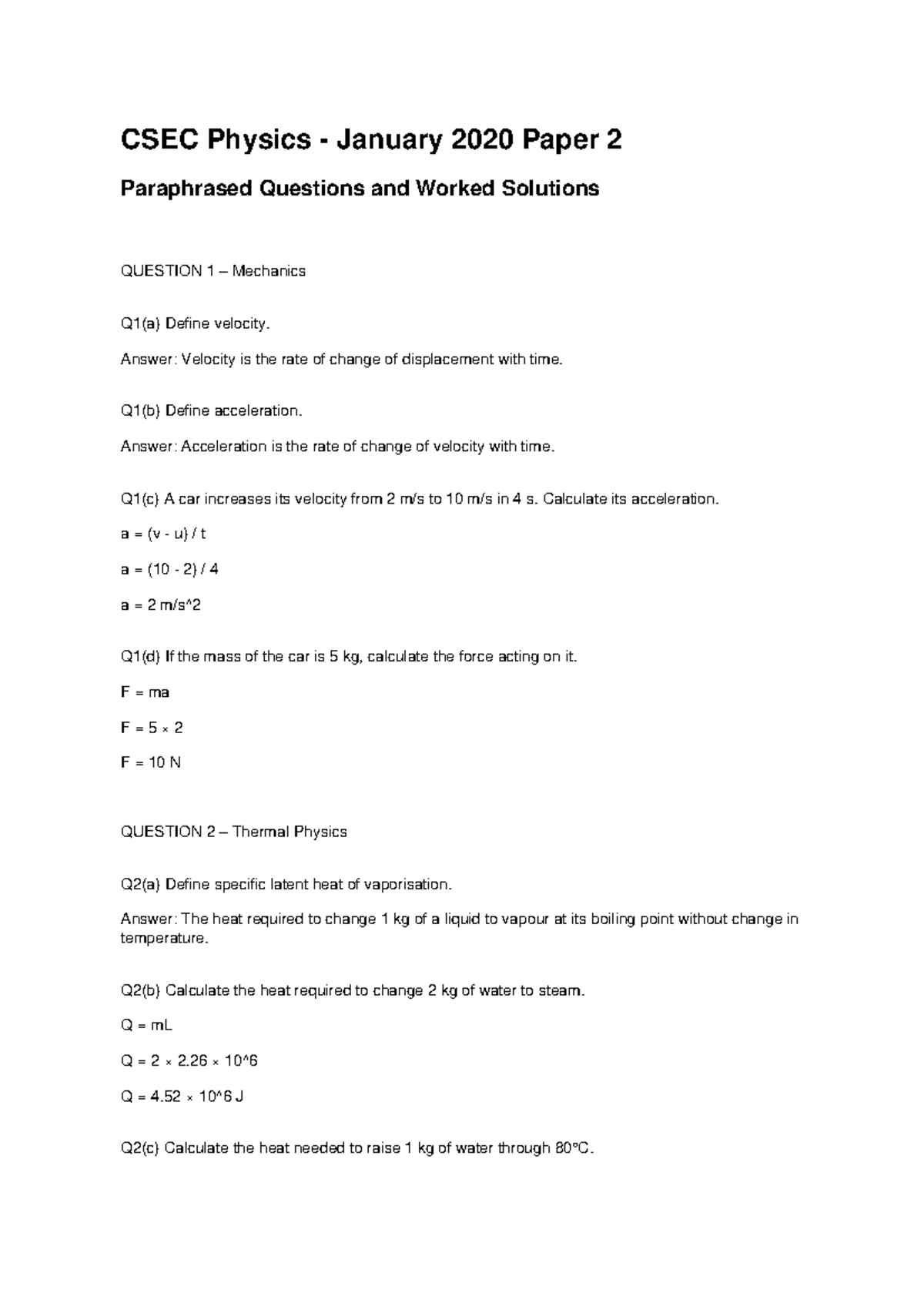 CSEC Physics Jan 2020 Paper 2: Paraphrased Qs & Solutions - Studocu