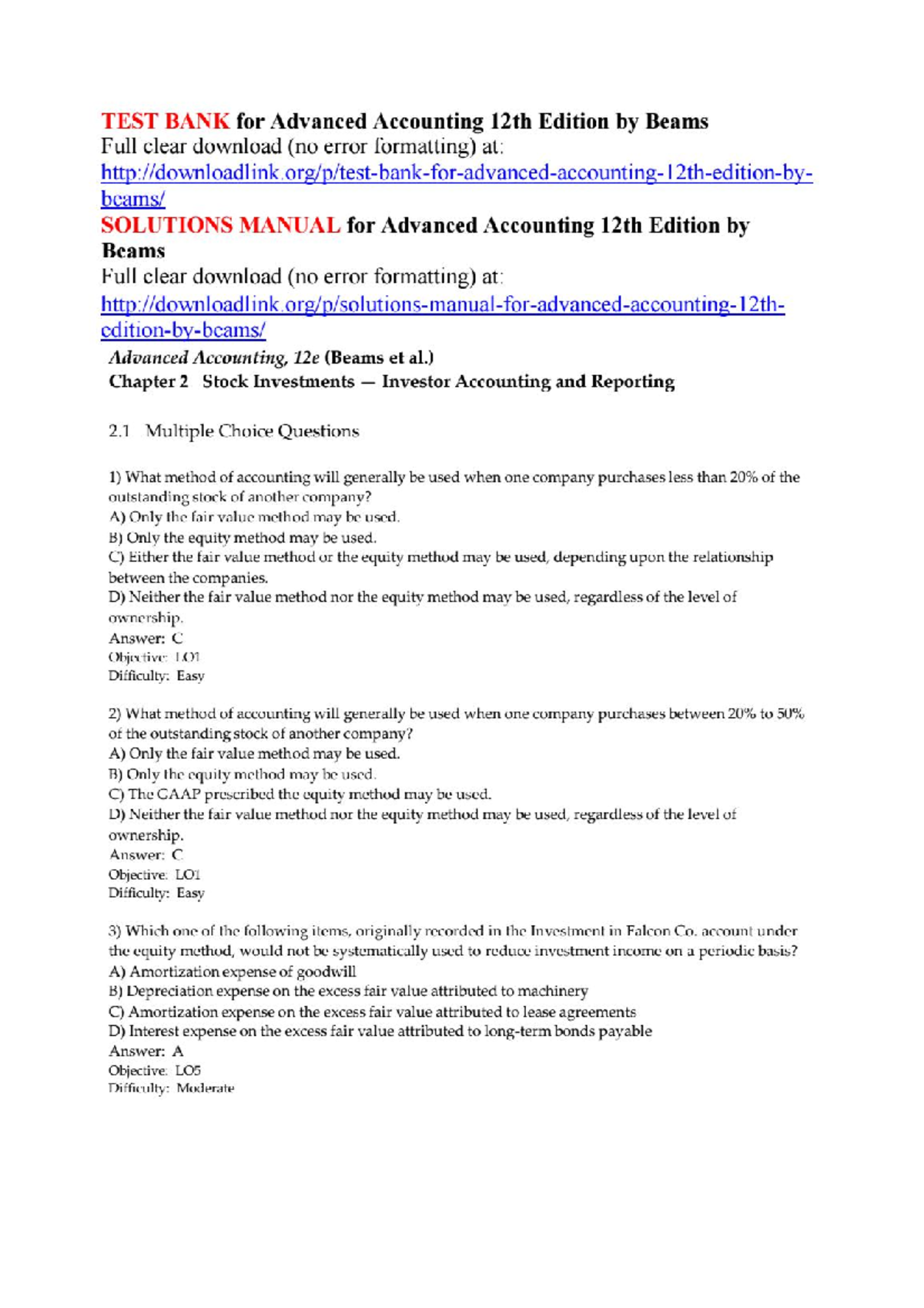 Ch 1 Test Bank for Advanced Accounting (BEAMS) - Document Preview