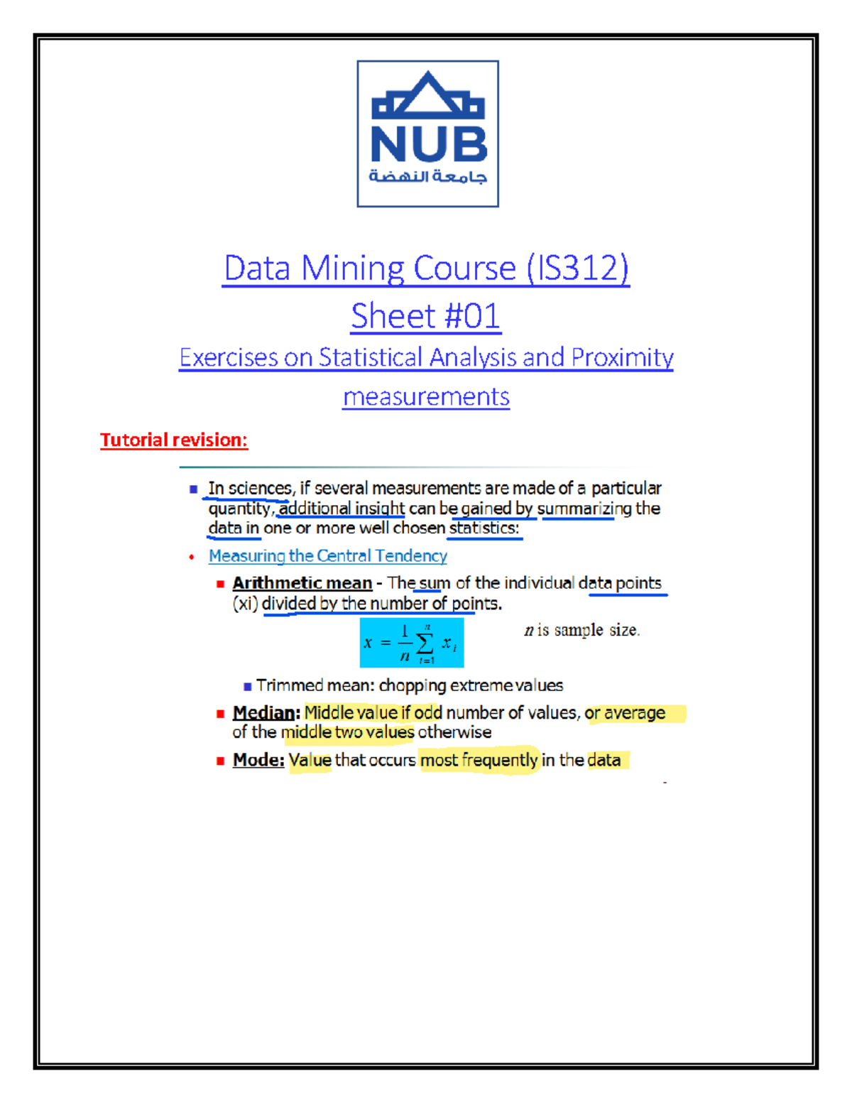 IS312 Data Mining: Exercises on Statistical Analysis and Proximity ...