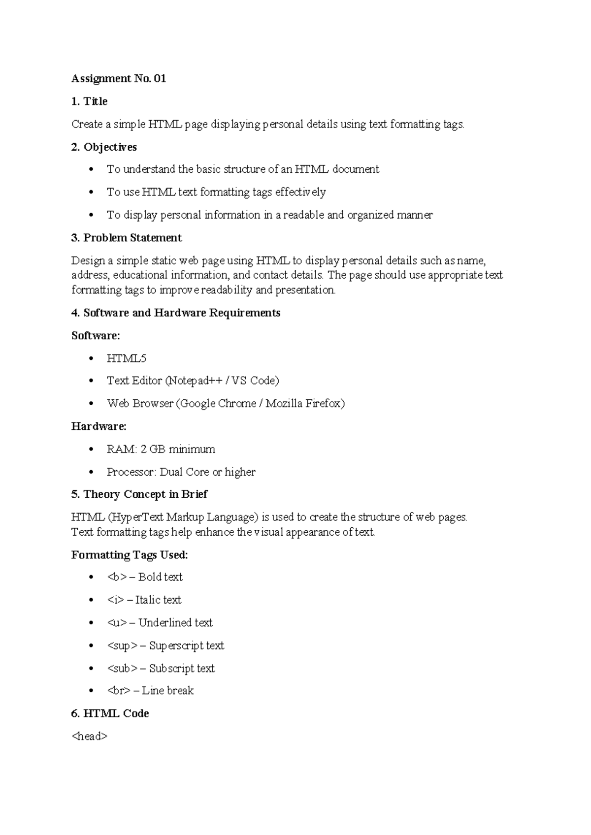 HTML Assignment 01: Creating a Personal Details Page - Studocu