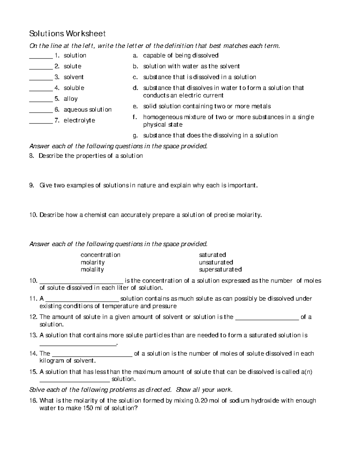 Solutions Worksheet - Definitions & Examples of Solutions - Studocu