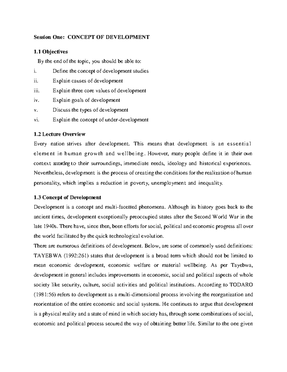Development Studies 1: Concept of Development and Core Values - Studocu