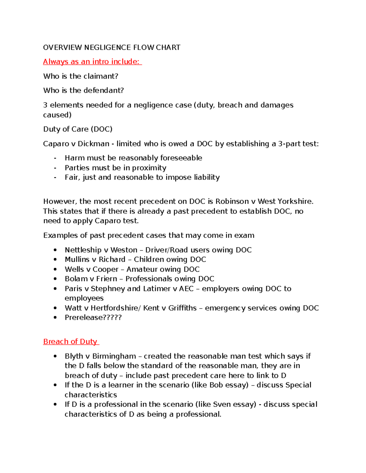 Negligence Overview Flow Chart: Key Elements & Case Law Analysis - Studocu