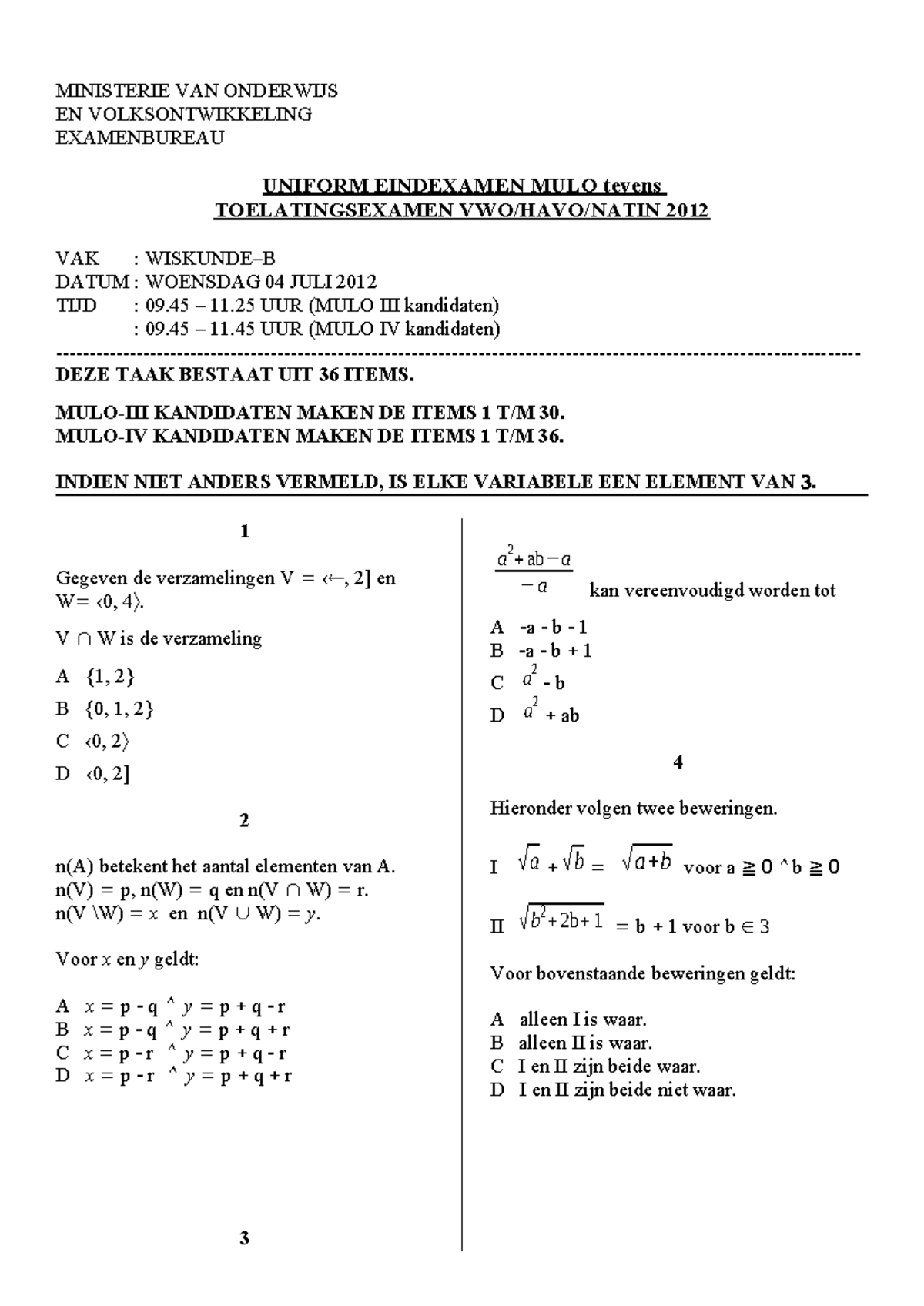 WISK-B 2e Werk - Examen MULO Toelating 2012 (11 Mei) - Studocu