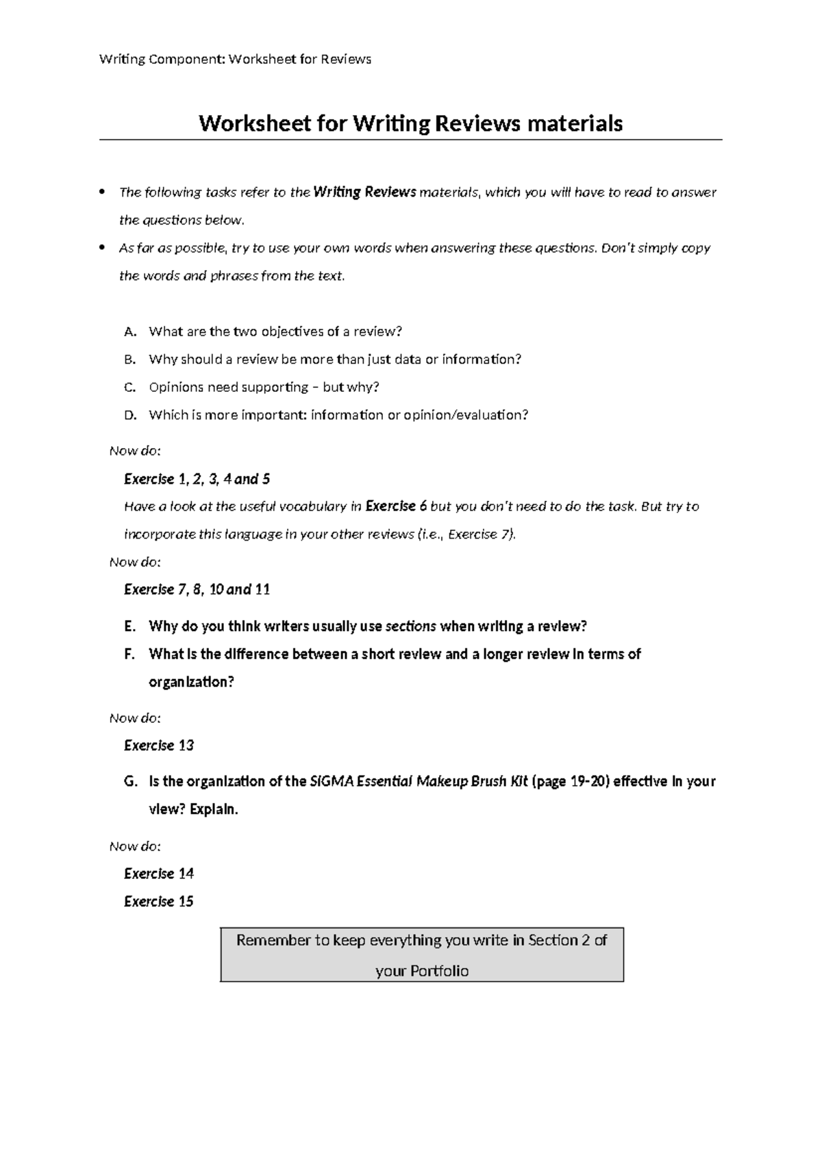 2023 Worksheet for Reviews - Writing Component: Worksheet for Reviews ...