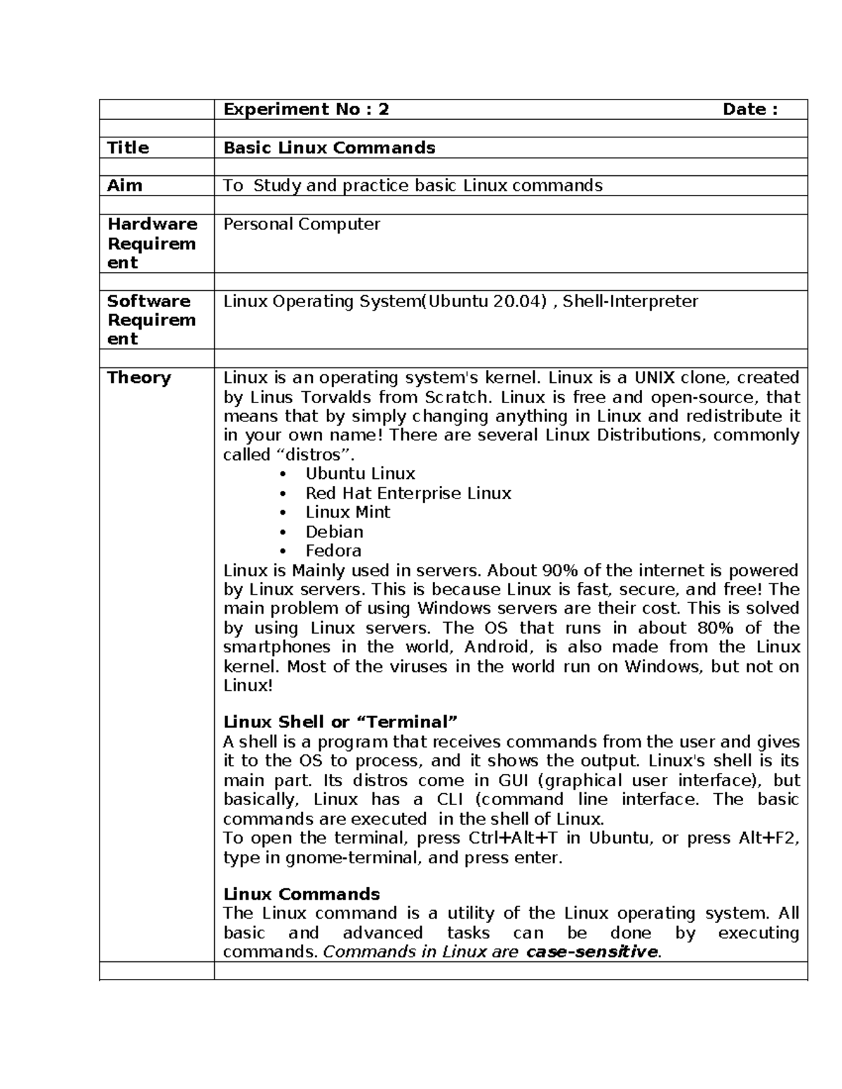 Experiment No 2: Basic Linux Commands Overview and Practice - Studocu