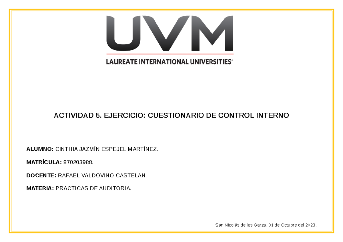 A#5 CJEM - Control Interno en Recursos Humanos: Cuestionario Auditorio ...
