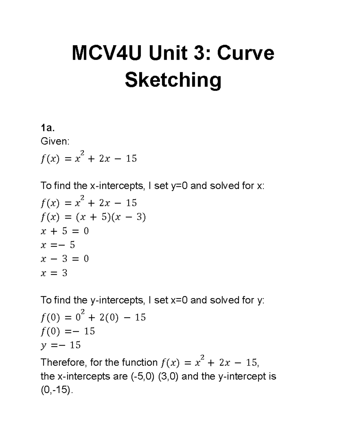 MCV4U Unit 3 Curve Sketching: Detailed Analysis and Solutions - Studocu