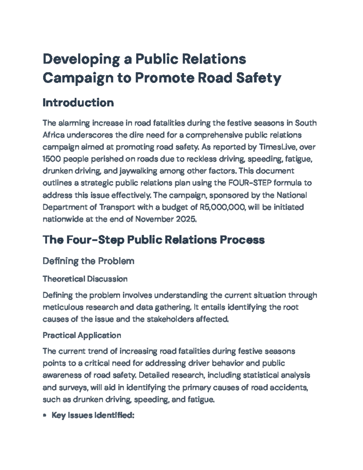 Public Relations Campaign to Reduce Road Fatalities (SA) - Developing a ...