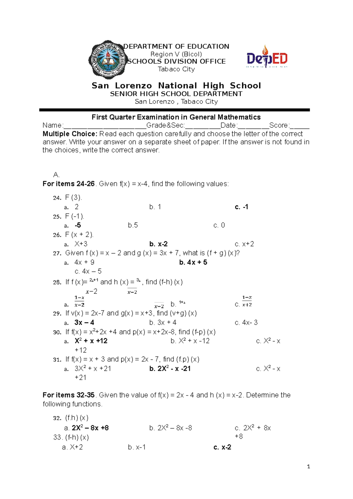 1st Periodical Test in General Mathematics (GMA101) - Studocu