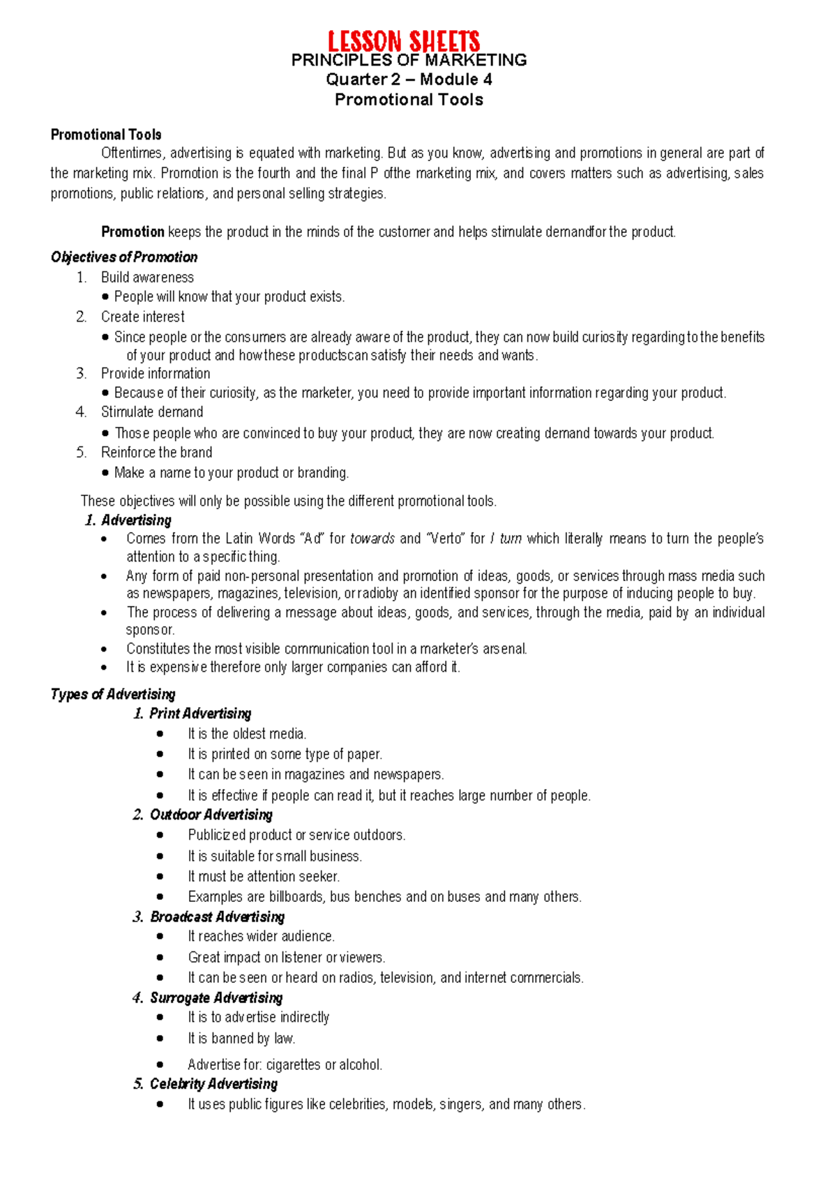 POM 2Q Module 4 Lesson Sheets: Promotional Tools in Marketing - Studocu
