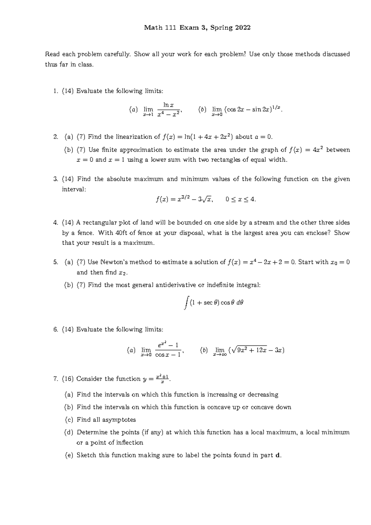 Math 111 Exam 3 - Spring 2022 Problem Set and Solutions - Studocu