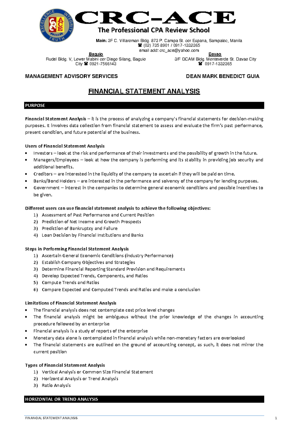 MAS - Financial Statement Analysis Review for CPALE - Studocu