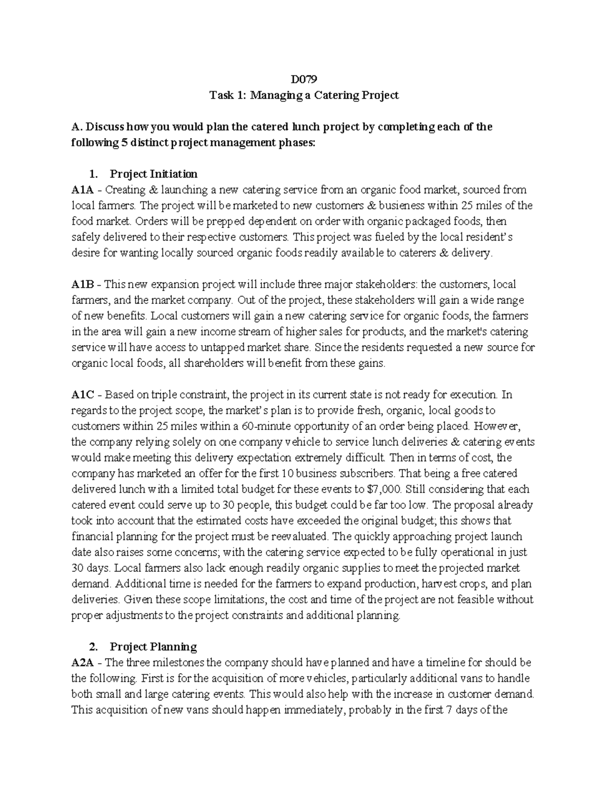 D079 Task 1: Planning and Managing a Local Organic Catering Project ...