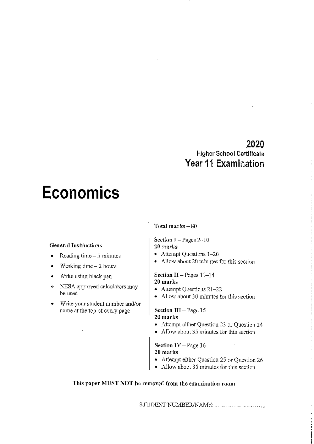Eco 2020 Mock Exam Paper: HSC Year 11 Economics Analysis - Studocu