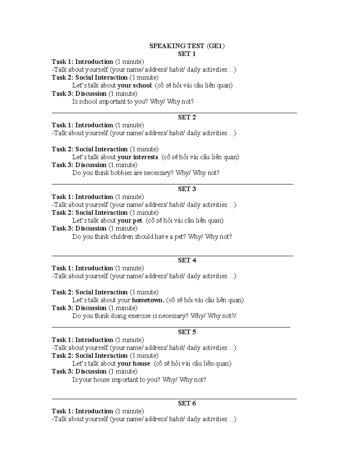 Speaking Test- Topics FOR Preparation - SPEAKING TEST (GE1) SET 1 Task ...