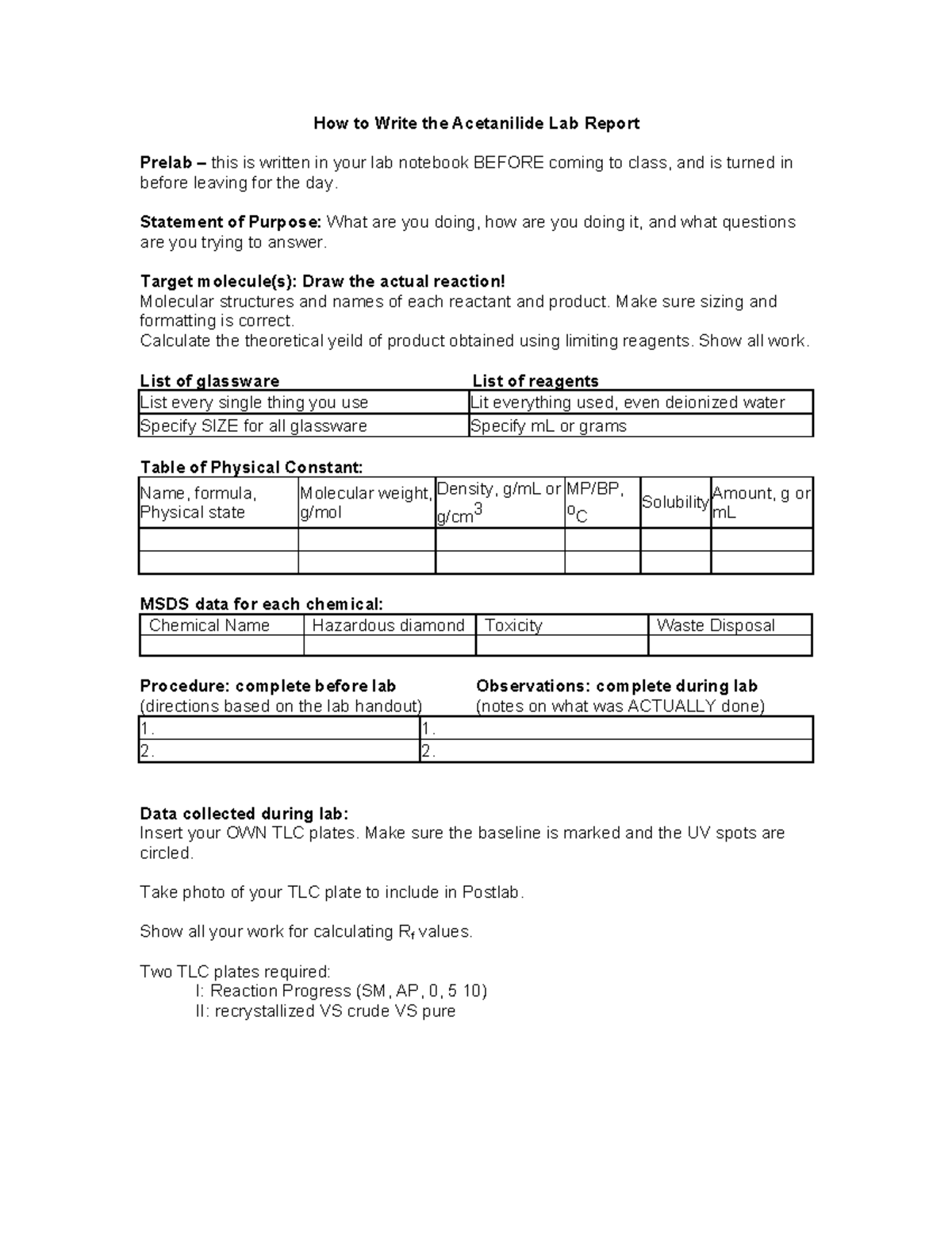 Acetanilide Lab Report Guidelines - Writing & Data Collection - Studocu