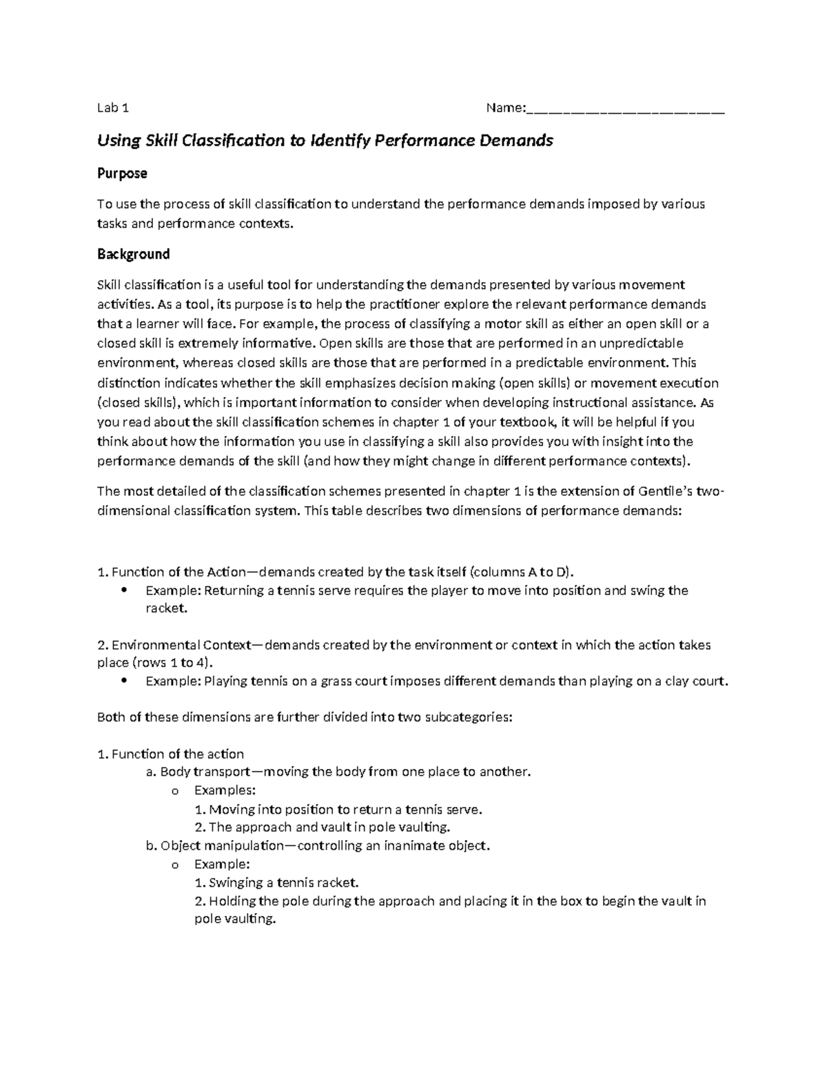 Lab 1: Skill Classification for Performance Demands Analysis - Studocu