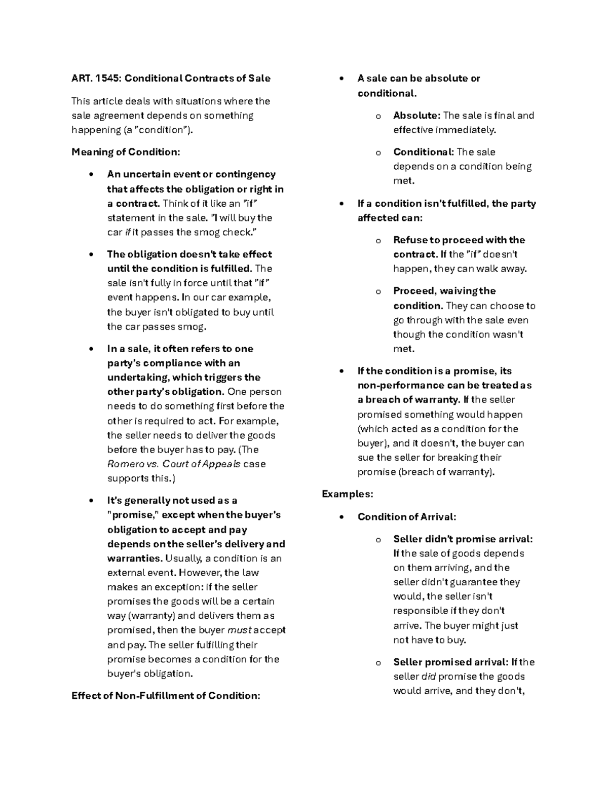 Article 1545-1547: Conditional Contracts & Warranties Explained - Studocu