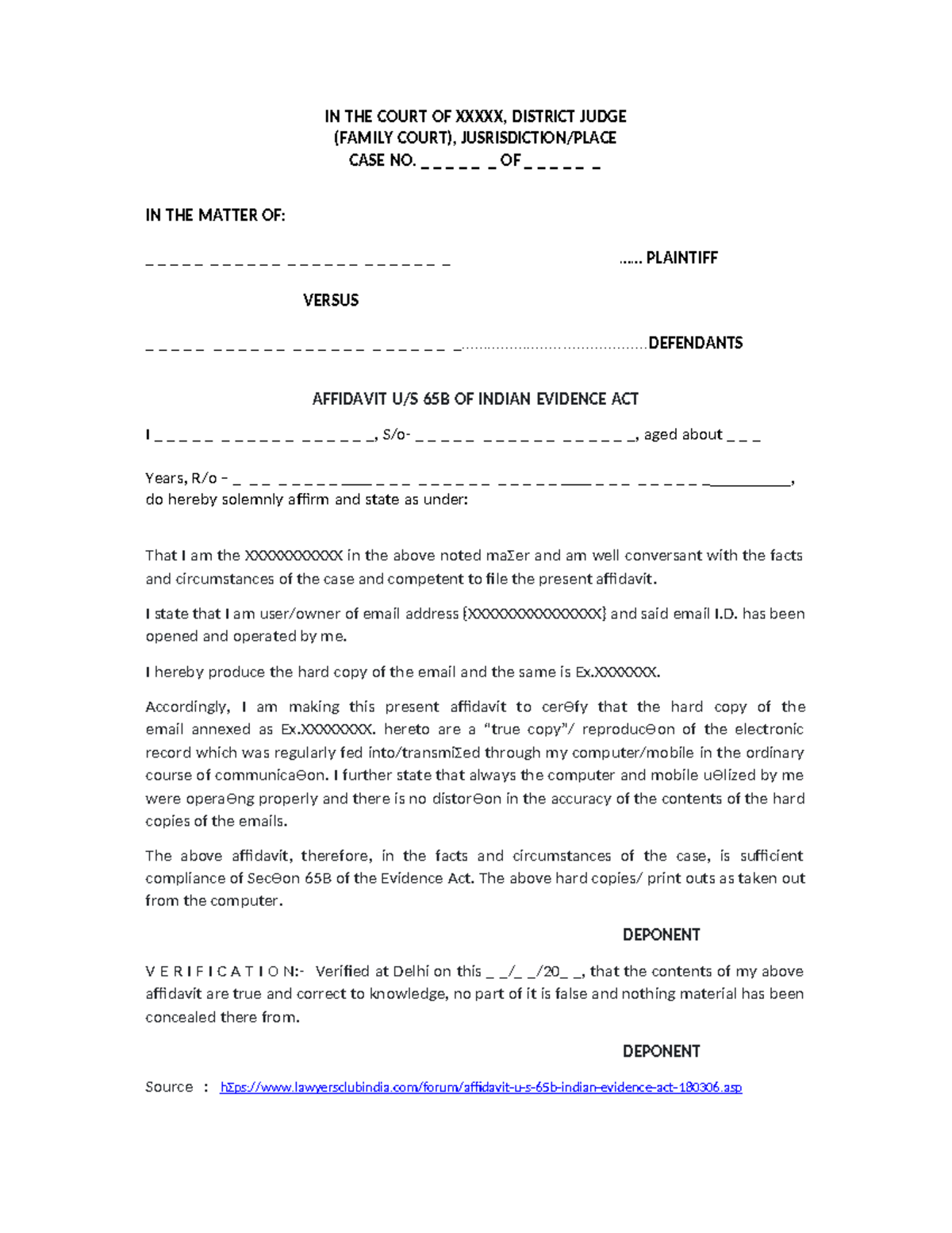 Affidavit Sample U/S 65B of Indian Evidence Act - Legal Format - Studocu