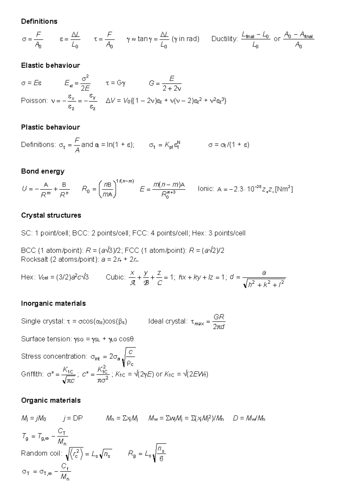 Formules Materiaalkunde: Definitieve Formules en Concepten - Studeersnel