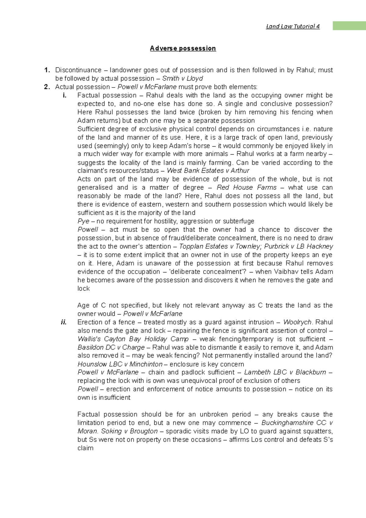 Land Law Tutorial 4: Understanding Adverse Possession Principles - Studocu
