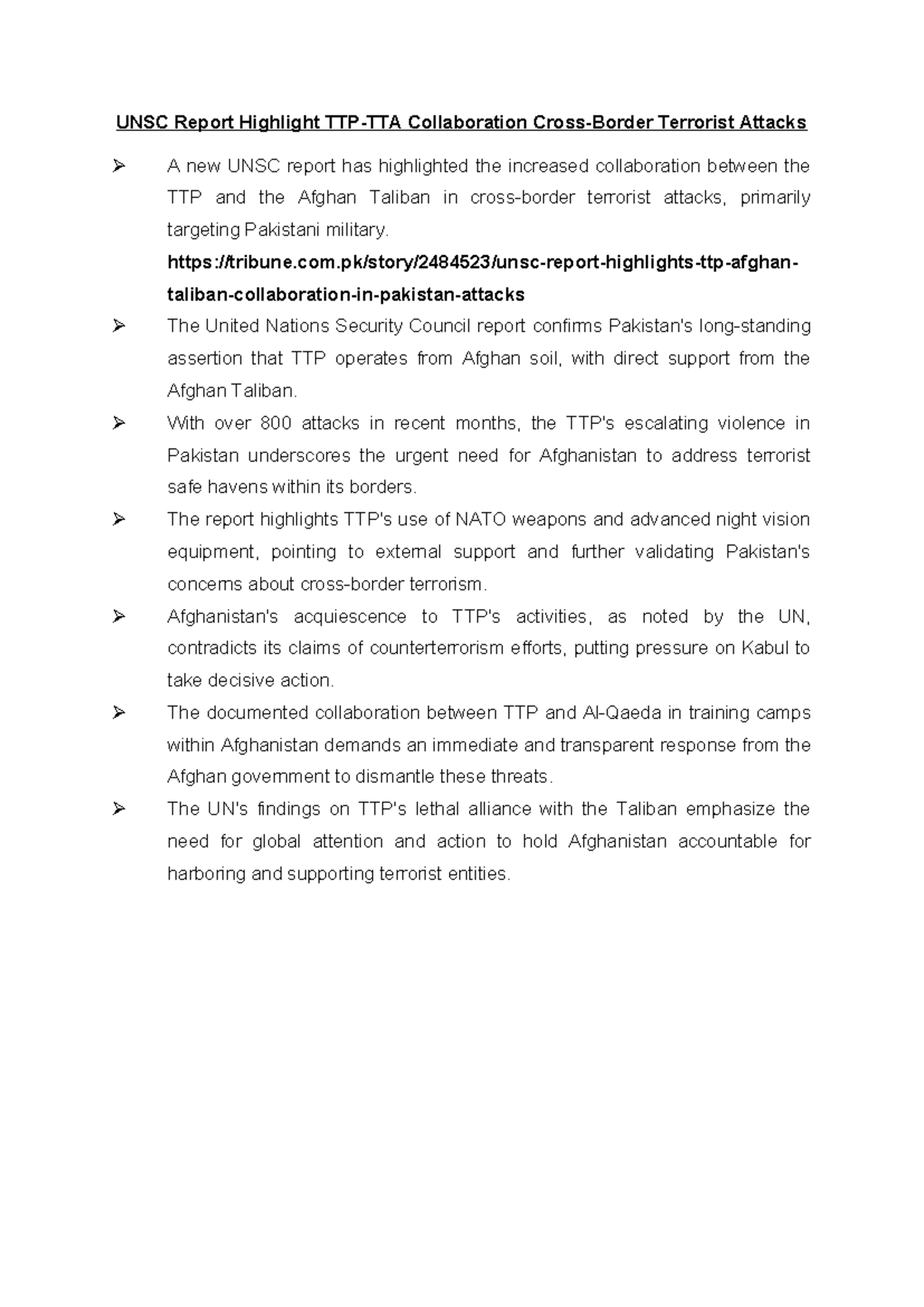 UNSC Report Highlight TTP-TTA Collaboration Cross-Border Terrorist ...