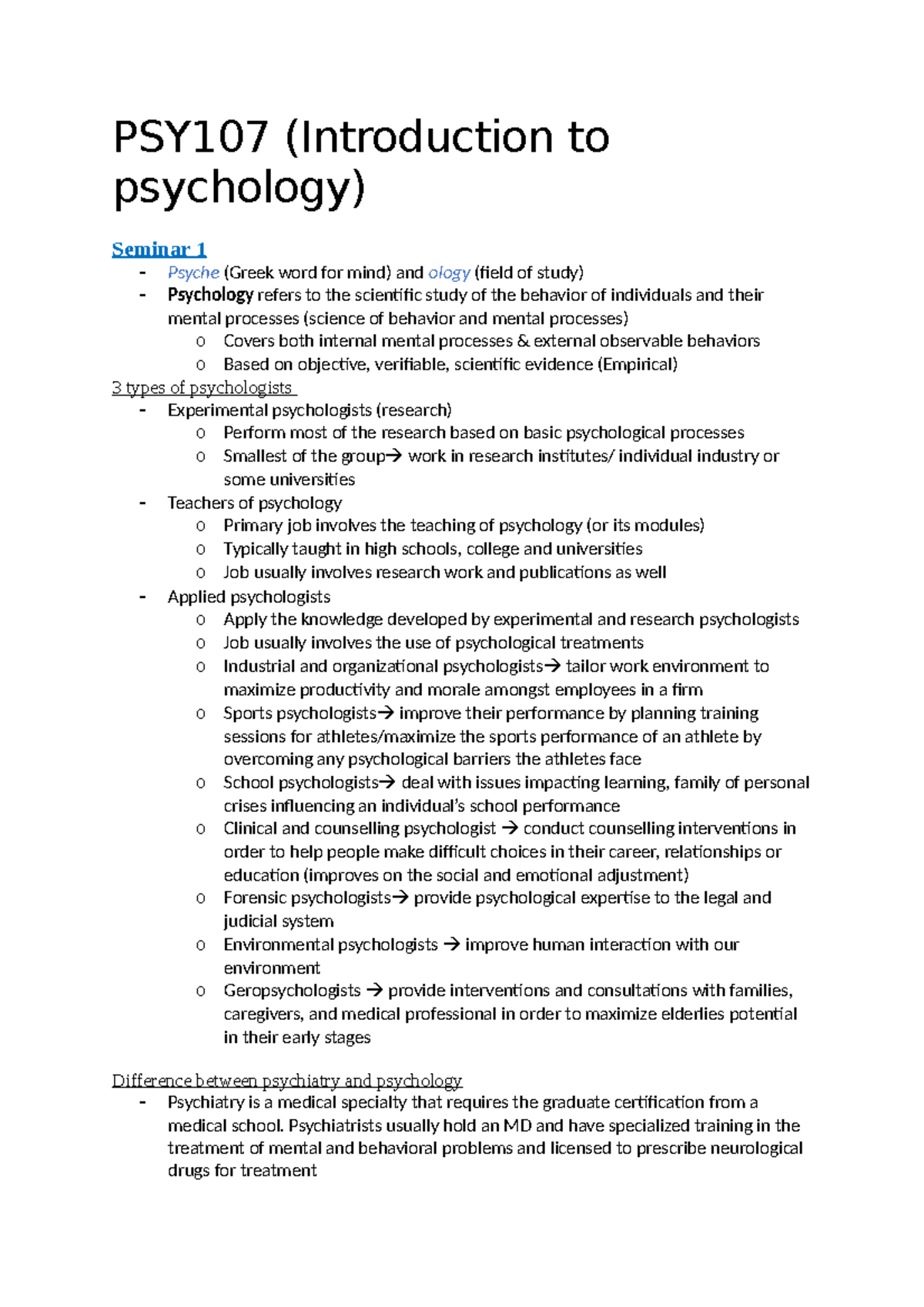 PSY107 Lecture Notes: Introduction to Psychology Overview and Key ...