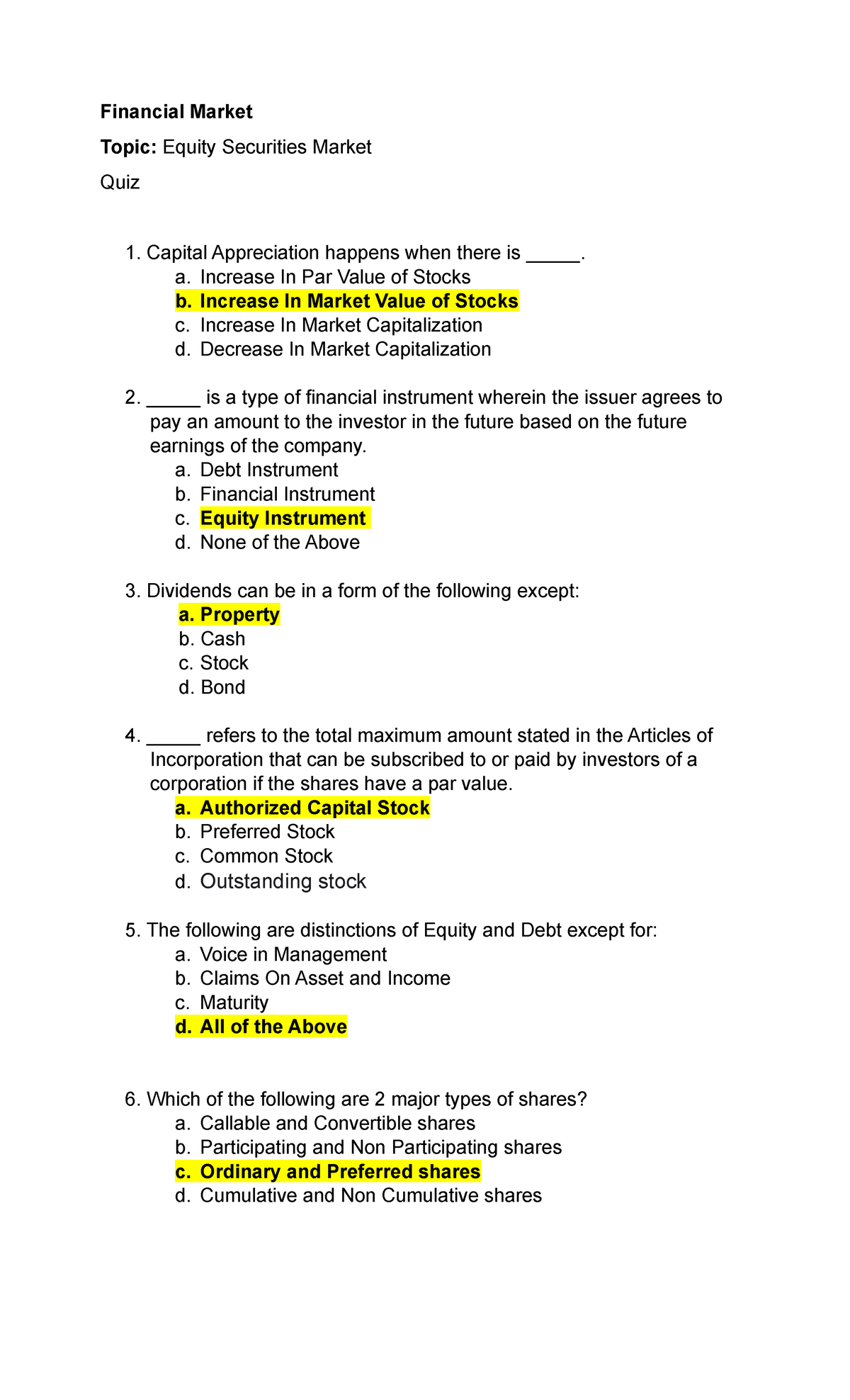 Chapter 5 Equity Securities Market Quiz - Financial Market Insights ...