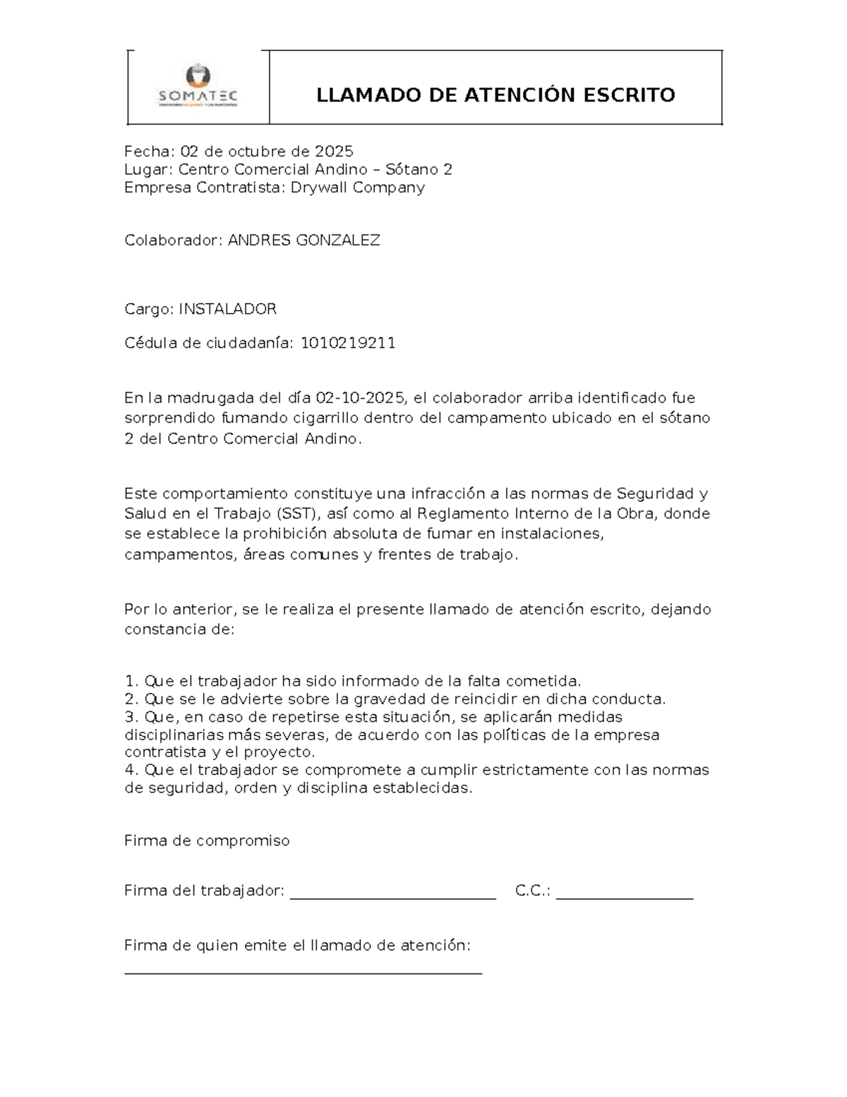 LLAMADO DE ATENCIÓN ESCRITO - ANDRES GONZALEZ - 12 Llamado Atención ...