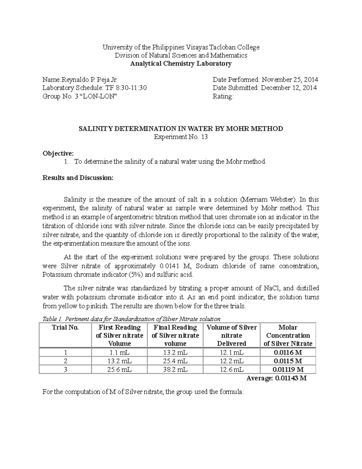 Analytical Chemistry Lab Report: Water Salinity via Mohr Method - Studocu