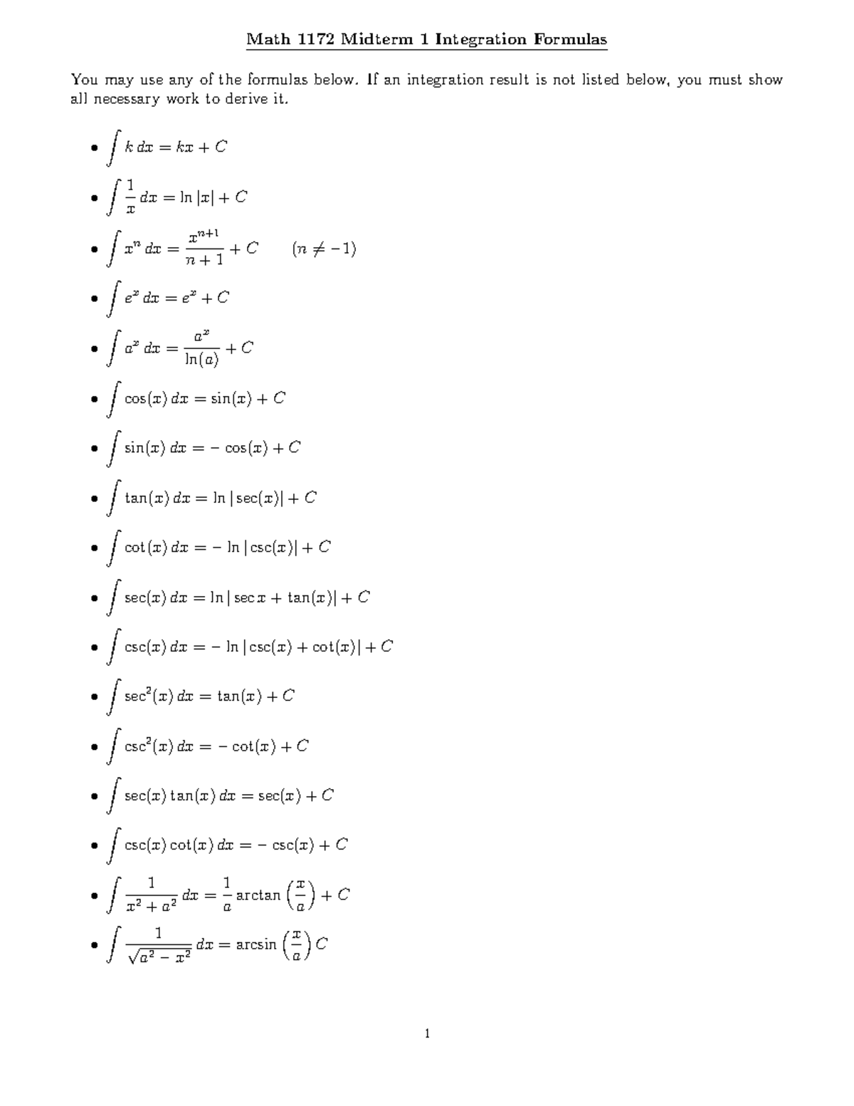 Math 1172 Integral Formula Sheet - Math 1172 Midterm 1 Integration ...