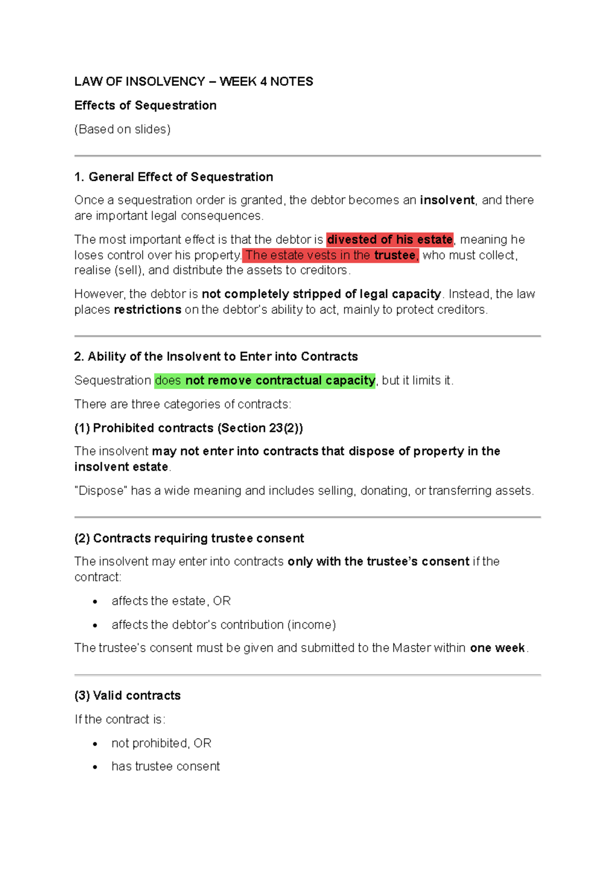 LAW OF INSOLVENCY WEEK 4 NOTES: Effects of Sequestration on Debtors ...