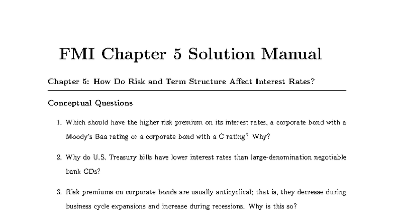 FMI Chapter 5 Solution Manual: Risk, Term Structure & Interest Rates ...