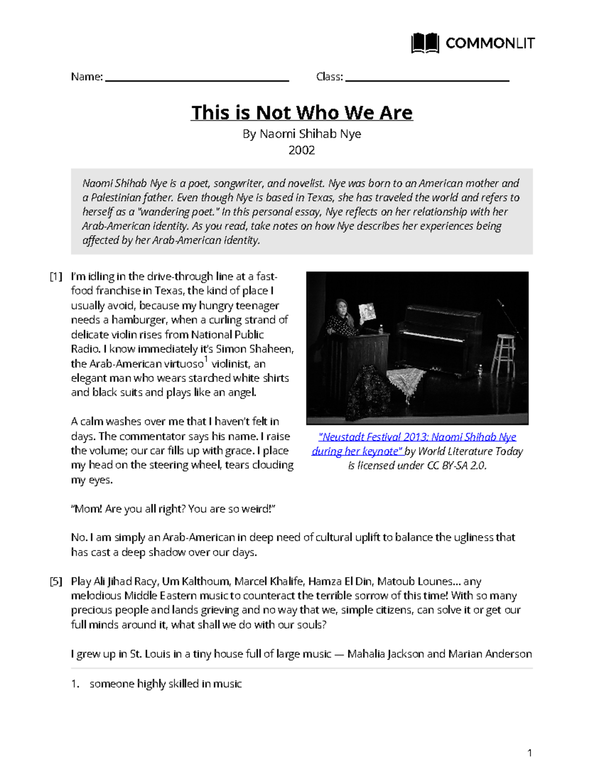 Common Lit This is Not Who We Are - Name: Class: "Neustadt Festival 2013: Naomi Shihab Nye - Studocu