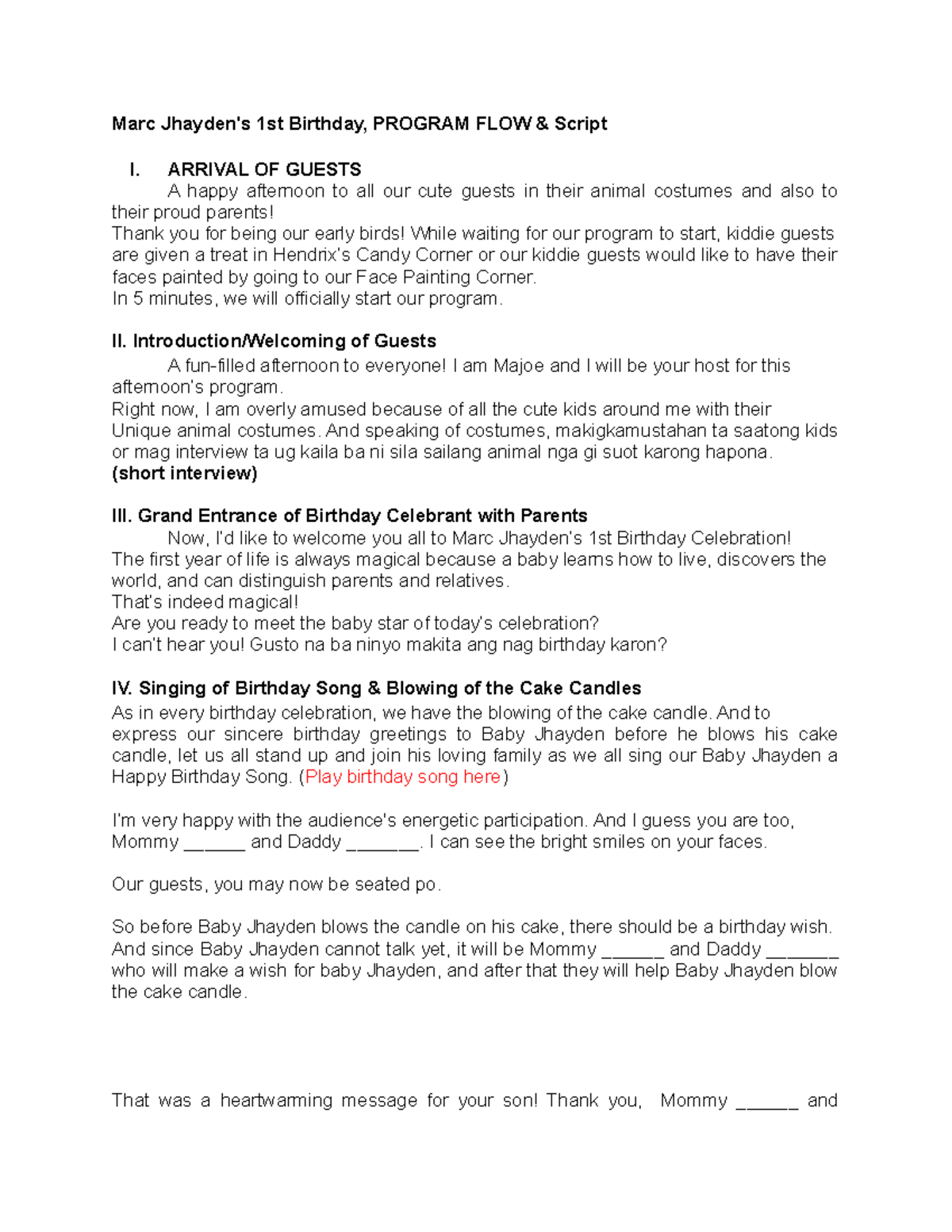 Marc Jhayden's 1st Birthday Celebration Program & Script - Studocu
