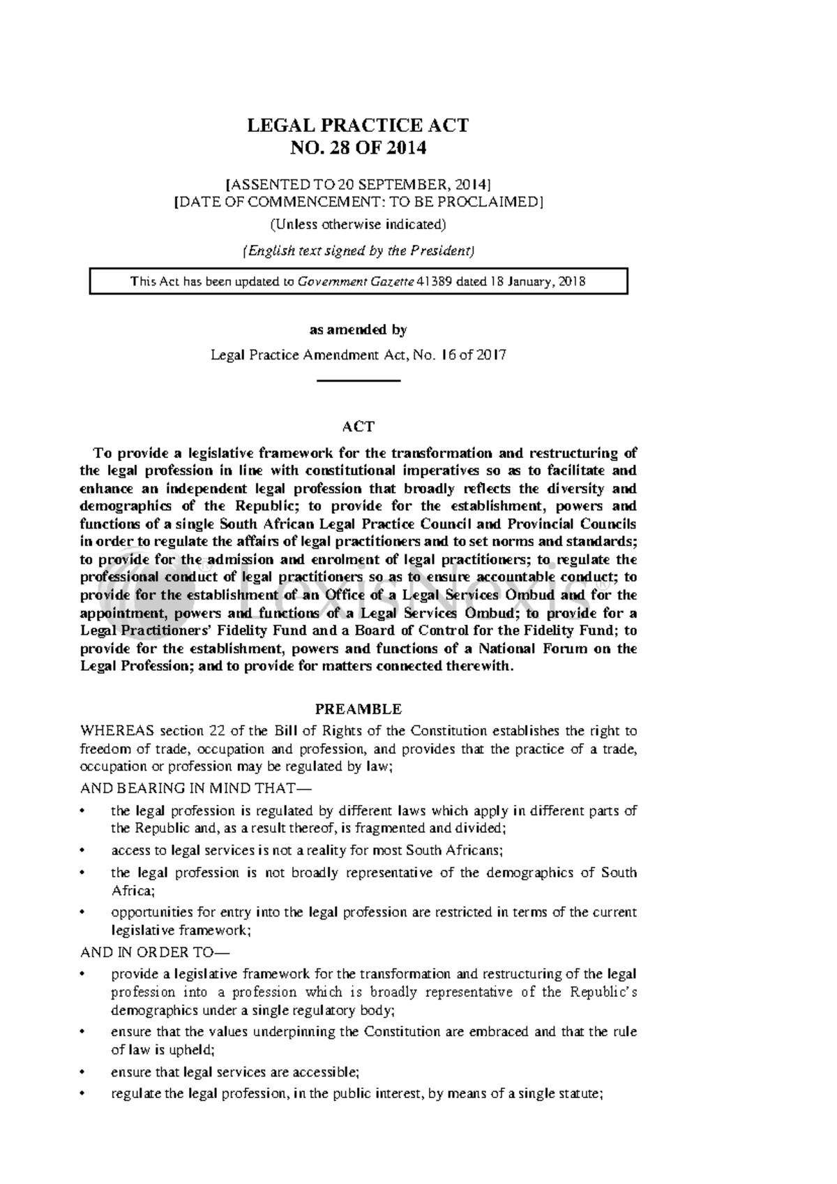 Legal Practice Act No. 28 of 2014: Framework for Legal Profession ...