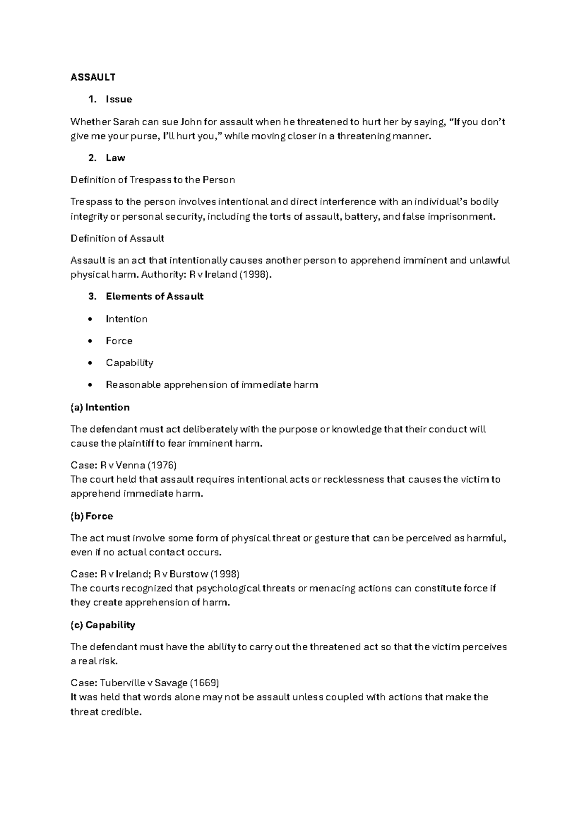 Draft Assignment LAW245: Analysis of Assault and False Imprisonment ...