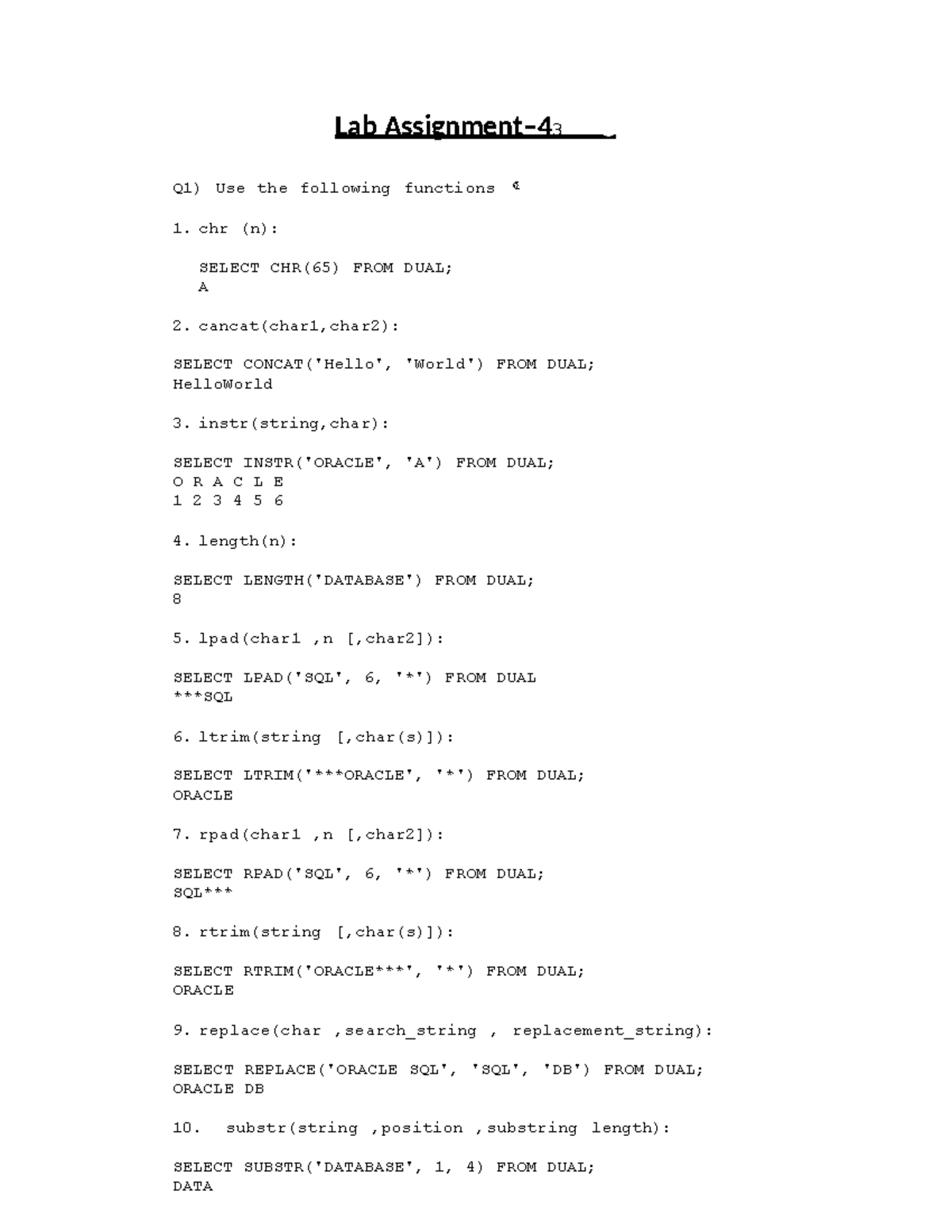 Lab Assignment 3: SQL Functions Overview and Queries - Studocu