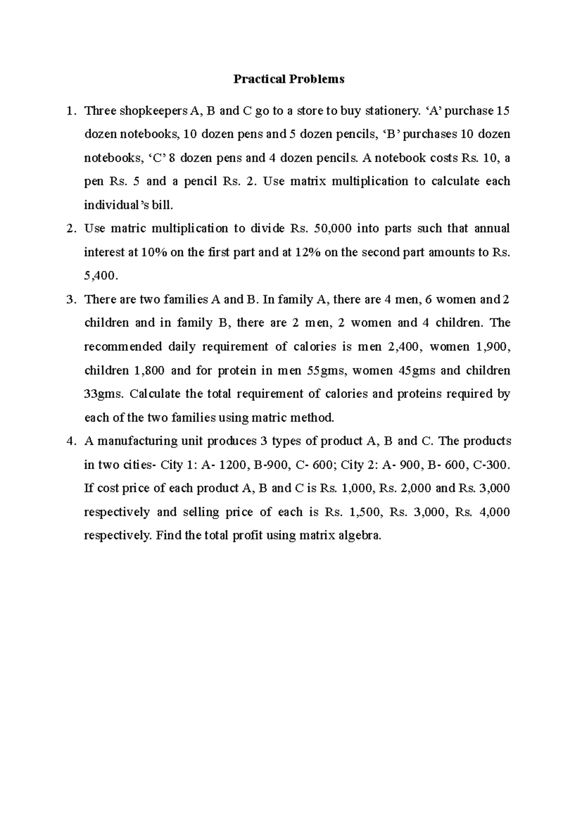 Matrix Practical Problems Analysis for Class MATH101 - Studocu