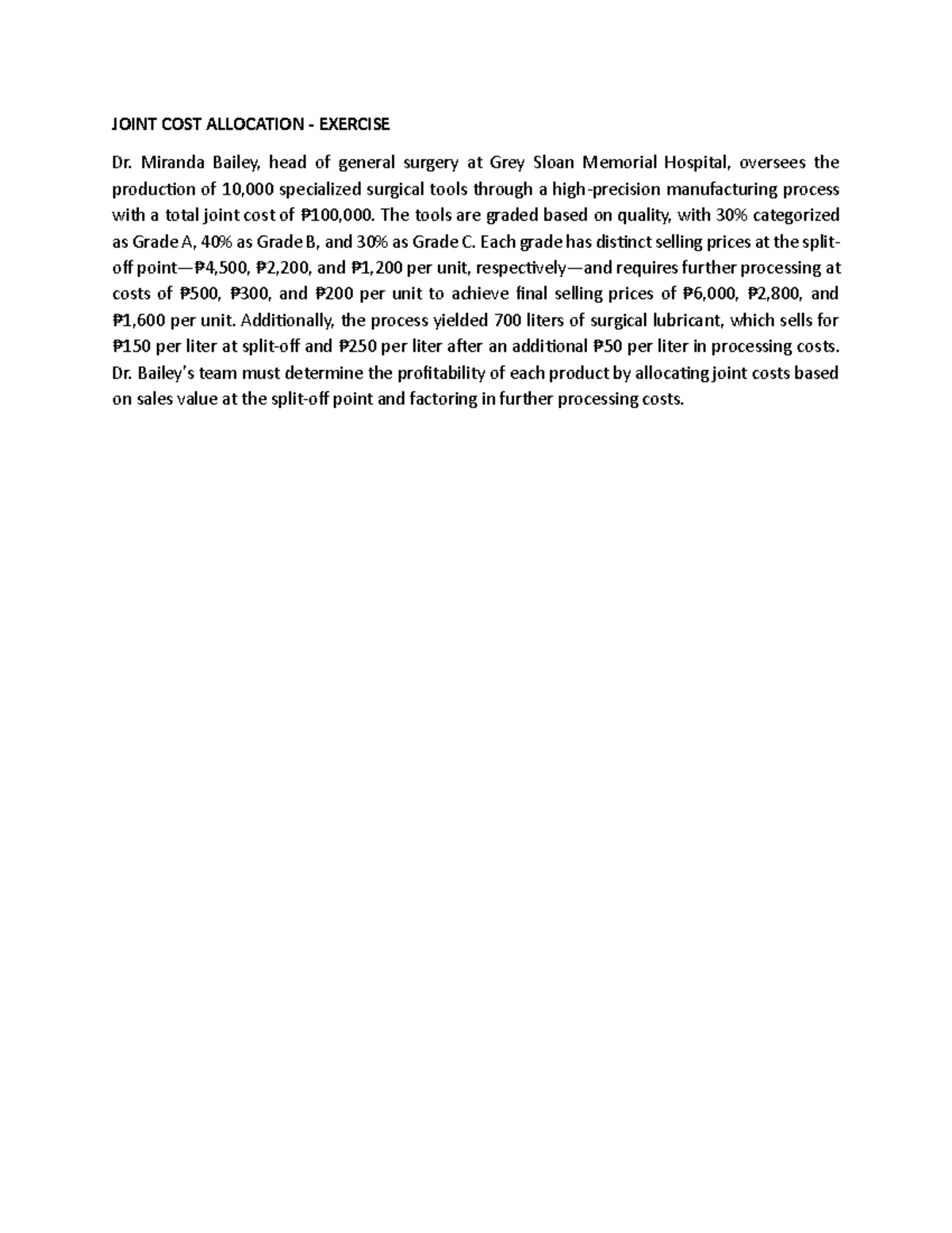Joint COST Allocation - Exercise - JOINT COST ALLOCATION - EXERCISE Dr ...