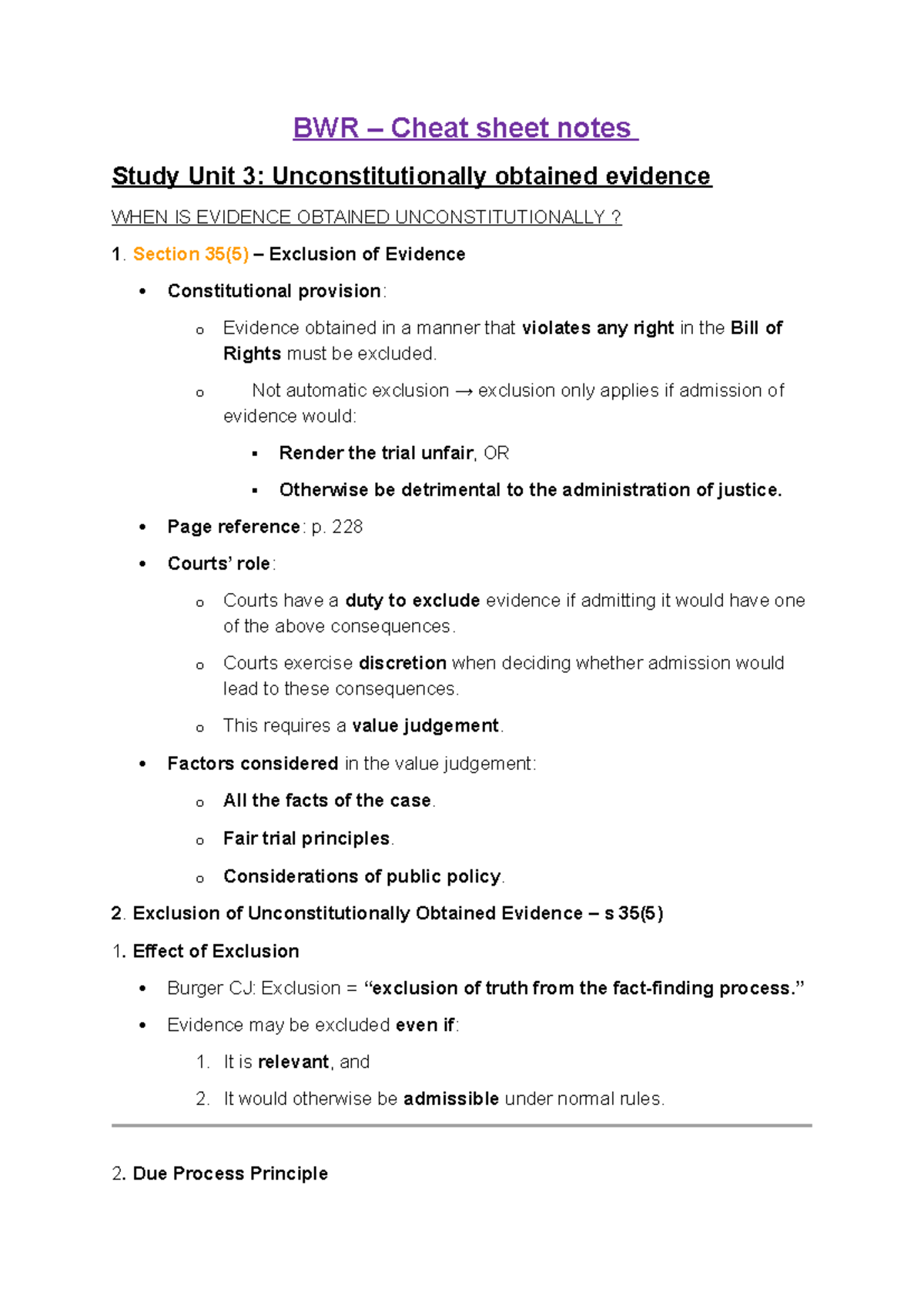 BWR Cheat Sheet: Unconstitutionally Obtained Evidence Overview - Studocu