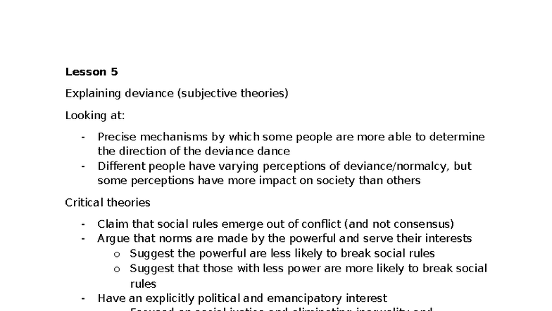 Lesson 5: Understanding Deviance Through Critical Theories - Studocu