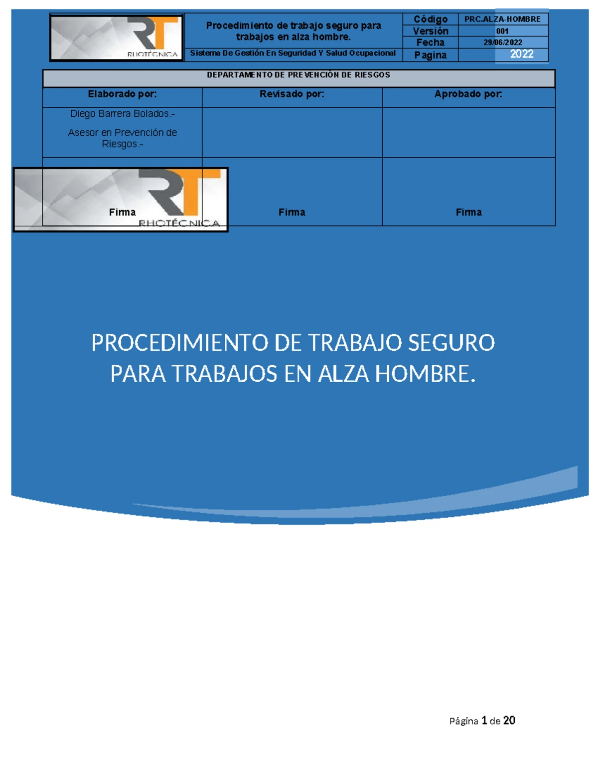 Procedimiento Seguro para Trabajos en Alza Hombre - Código PRC-HOMBRE ...