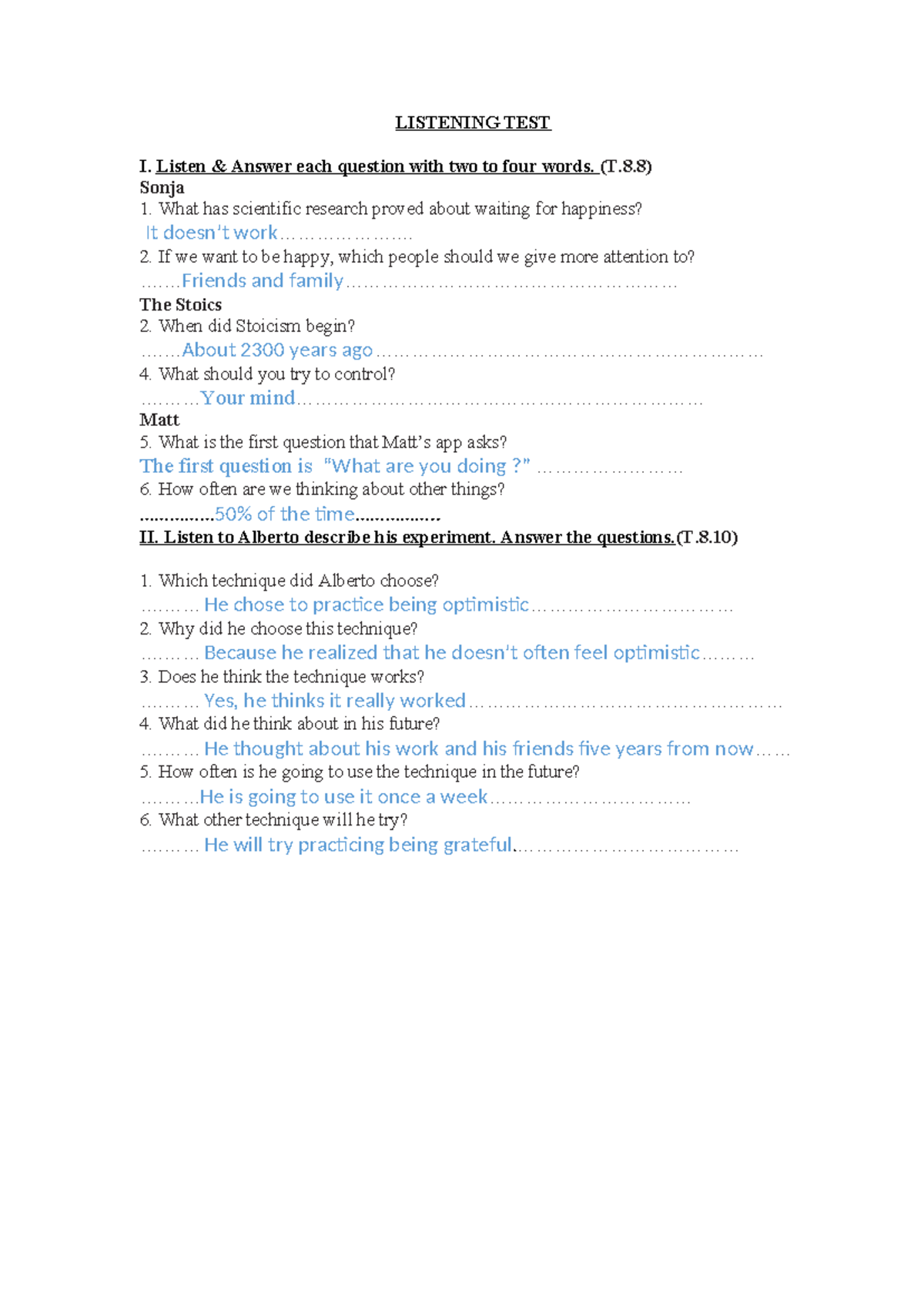 Listening Test I: Questions & Answers (T.8.8) - Studocu