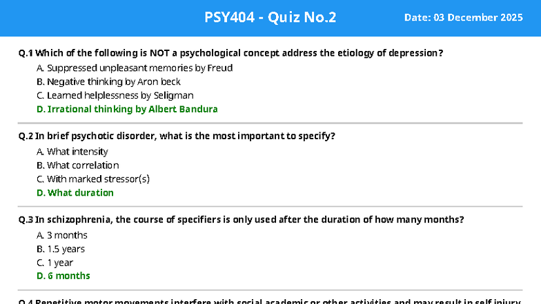 PSY404 Quiz No.2 Study Notes for Preparation - Studocu